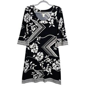 WHITE HOUSE BLACK MARKET 3/4 Sleeve Dress BLACK & WHITE FLORAL size S Feminine